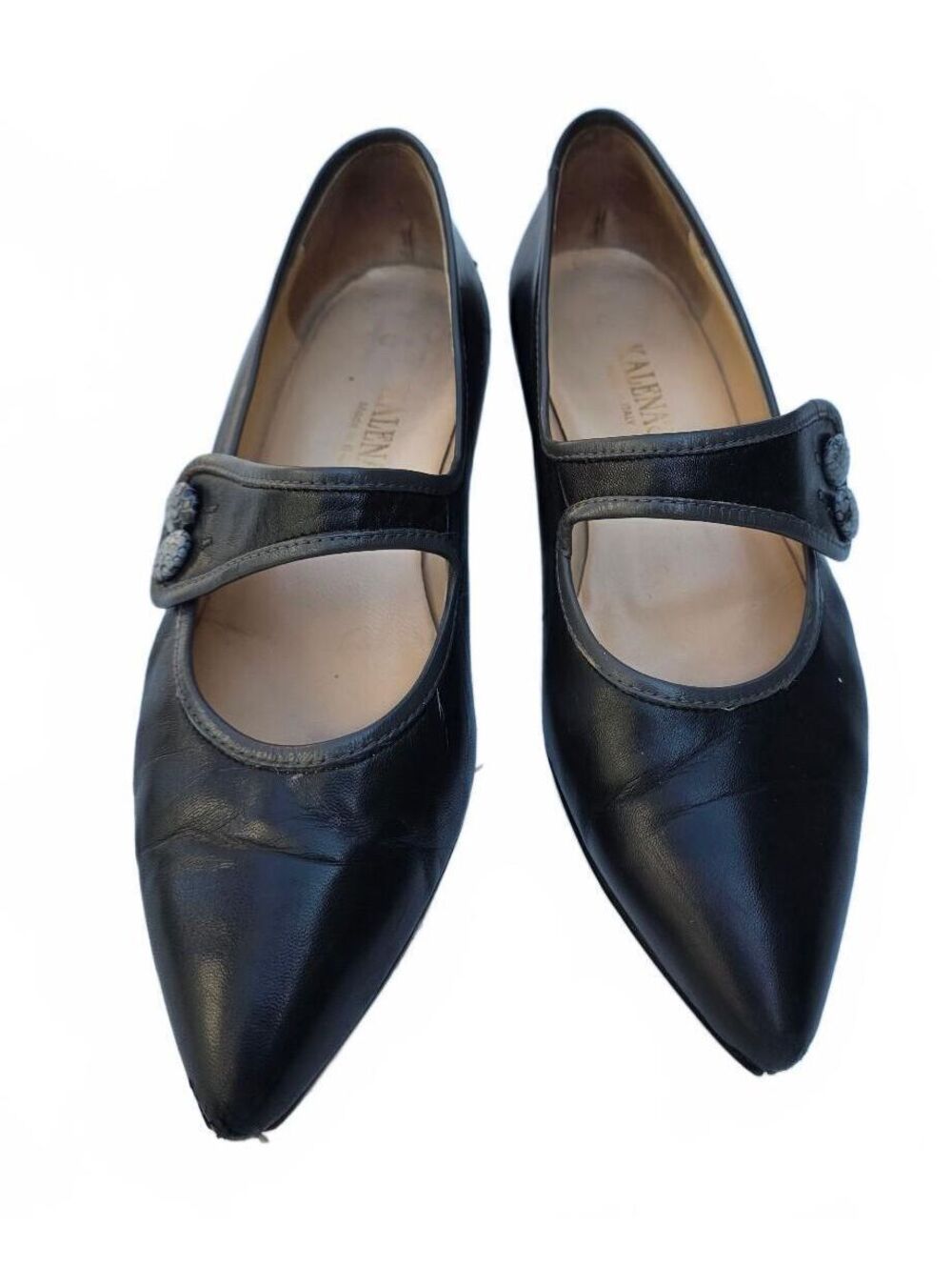 Vintage Kalena Black Leather Witchy Mary Jane Flats Pointed Toe Italy Size 39